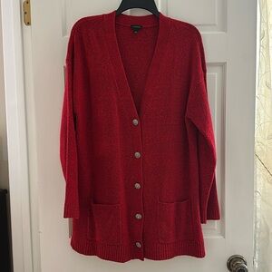 Talbots Red Cardigan, L, two functional pockets, gorgeous rhinestone buttons